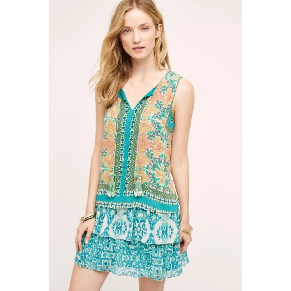 Anthropologie‎ HEMANT & NANDITA Moana Dress Women's MEDIUM Blue Green 100% SILK